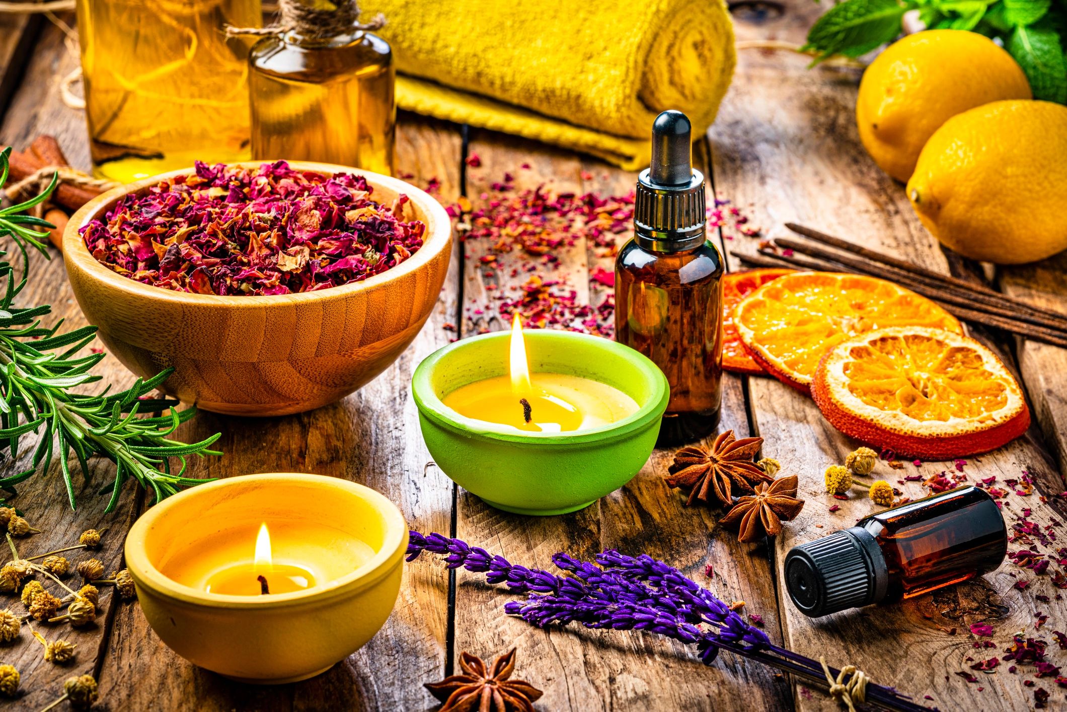 Aromatherapy oils candles and towels for spa treatment