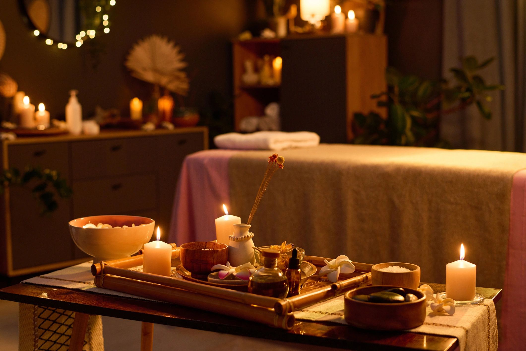 Massage room with candles and warm lighting